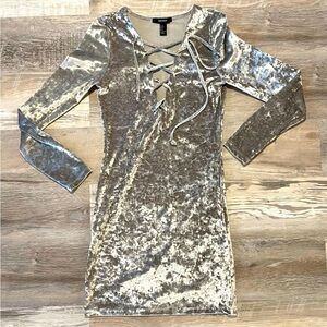 Silver Velvet Mini Dress Lace Up Small Y2K Forever21 Party Dress Long Sleeve